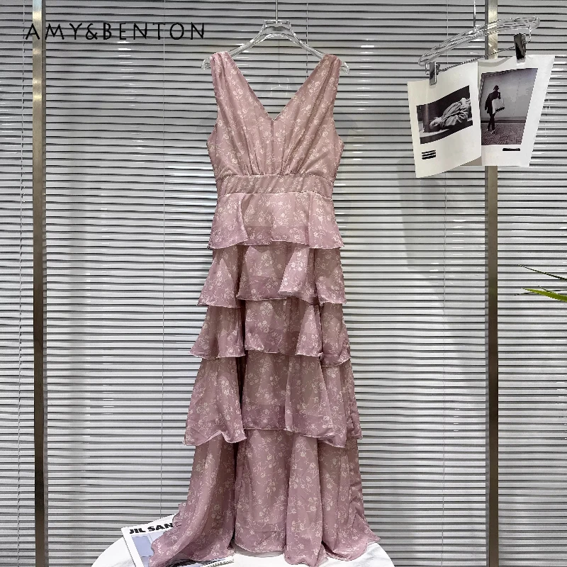 

Holiday Style V-neck Floral Waist-cinching Women's Chiffon Cake Dress 2026 Summer Sweet Hot Girl Temperament Long Dresses Ladies