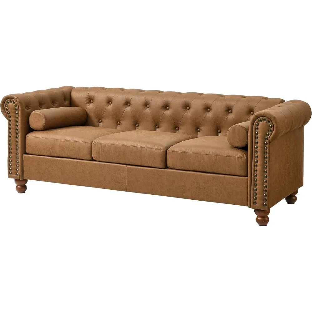 Air Leather Tufted Sofa Couch for Living Room, Rolled Arm 3-Seater Sofa Couch with Nailhead Trim and 2 Neck Roll Pillows