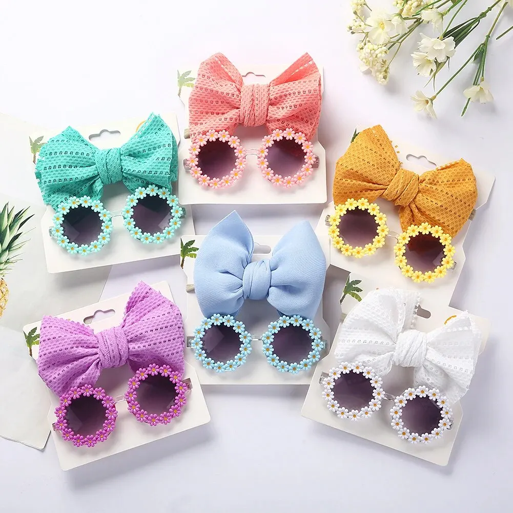 2Pcs/Set Daisy Flower Sunglasses With Elastic Nylon Baby Headband Bohemia Beach Seaside Sun Glasses Kids Puff Bow Headwear