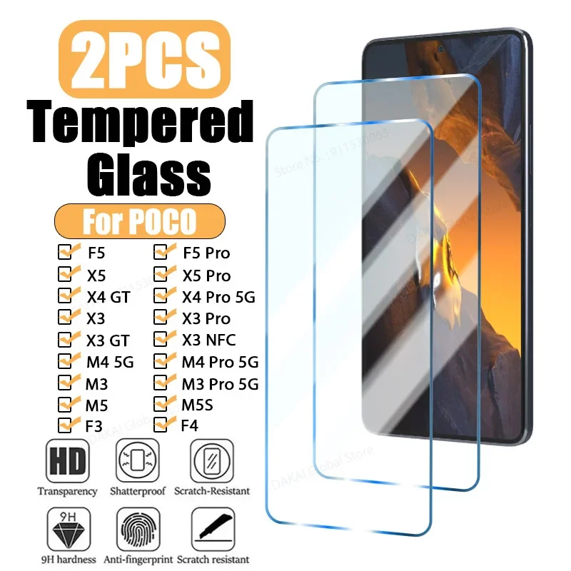 2PCS Tempered Glass For POCO F5 X5 Pro X4 X3 M4 M3 Pro 5G F4 GT X3 NFC F3 Screen Protector For Poco M5 M5S X4 X3 GT F2 Pro Glass