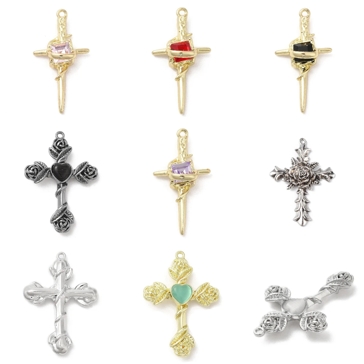 

20pcs Cross Charms Religious Faith Alloy Rhinestone Pendants with Rose Flower for Necklace Bracelet Jewelry Making Accessories