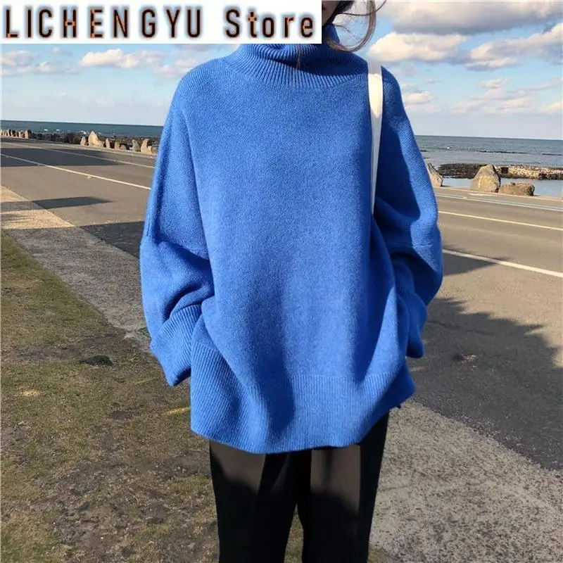 2021 Turtleneck Collar Sweater Women Spring Autumn Solid Knitting Pullovers Oversize Basic Black Blue White Jumper pull femme