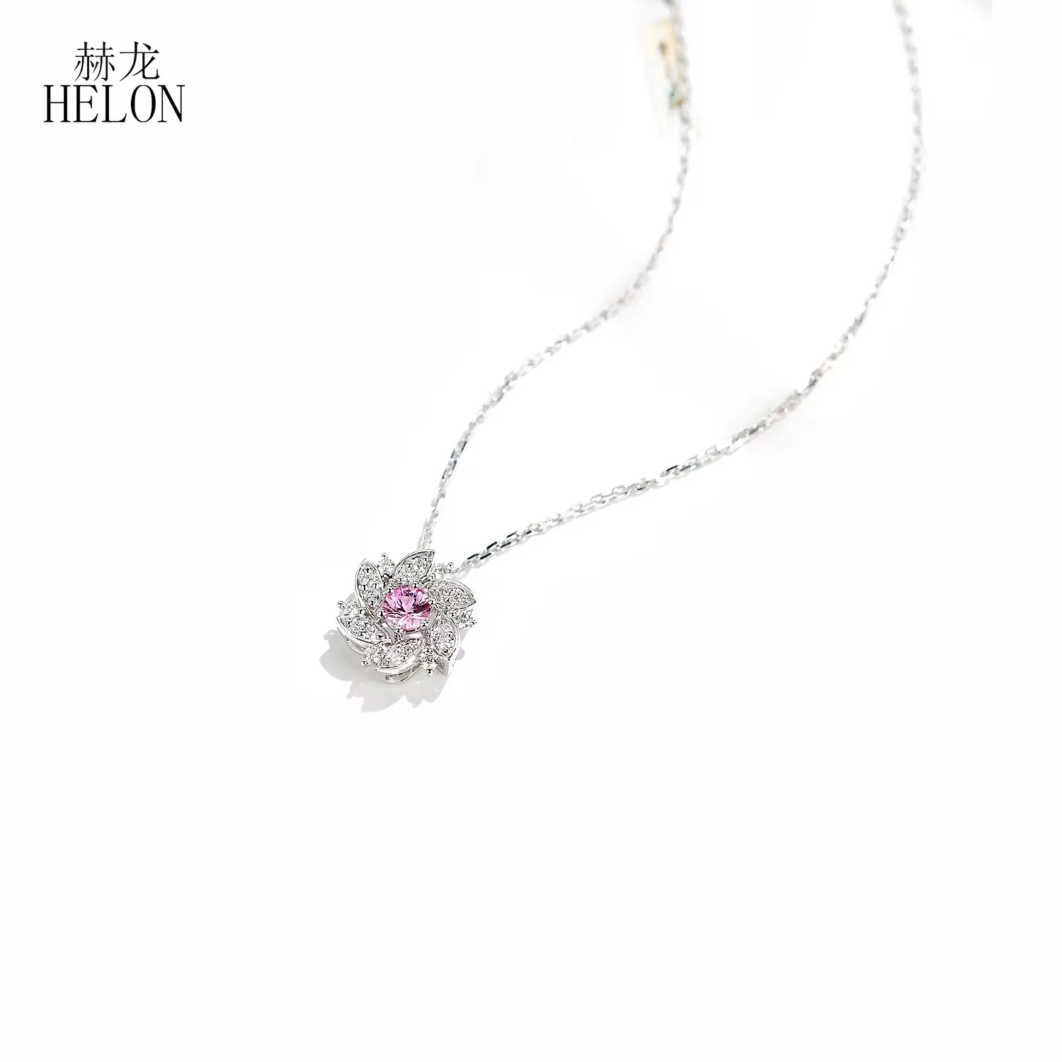 HELON Solid 18K White Gold Round 3.5mm Genuine Pink Sapphire Diamonds Pendant Necklaces Women Elegant Unique Trendy Jewelry