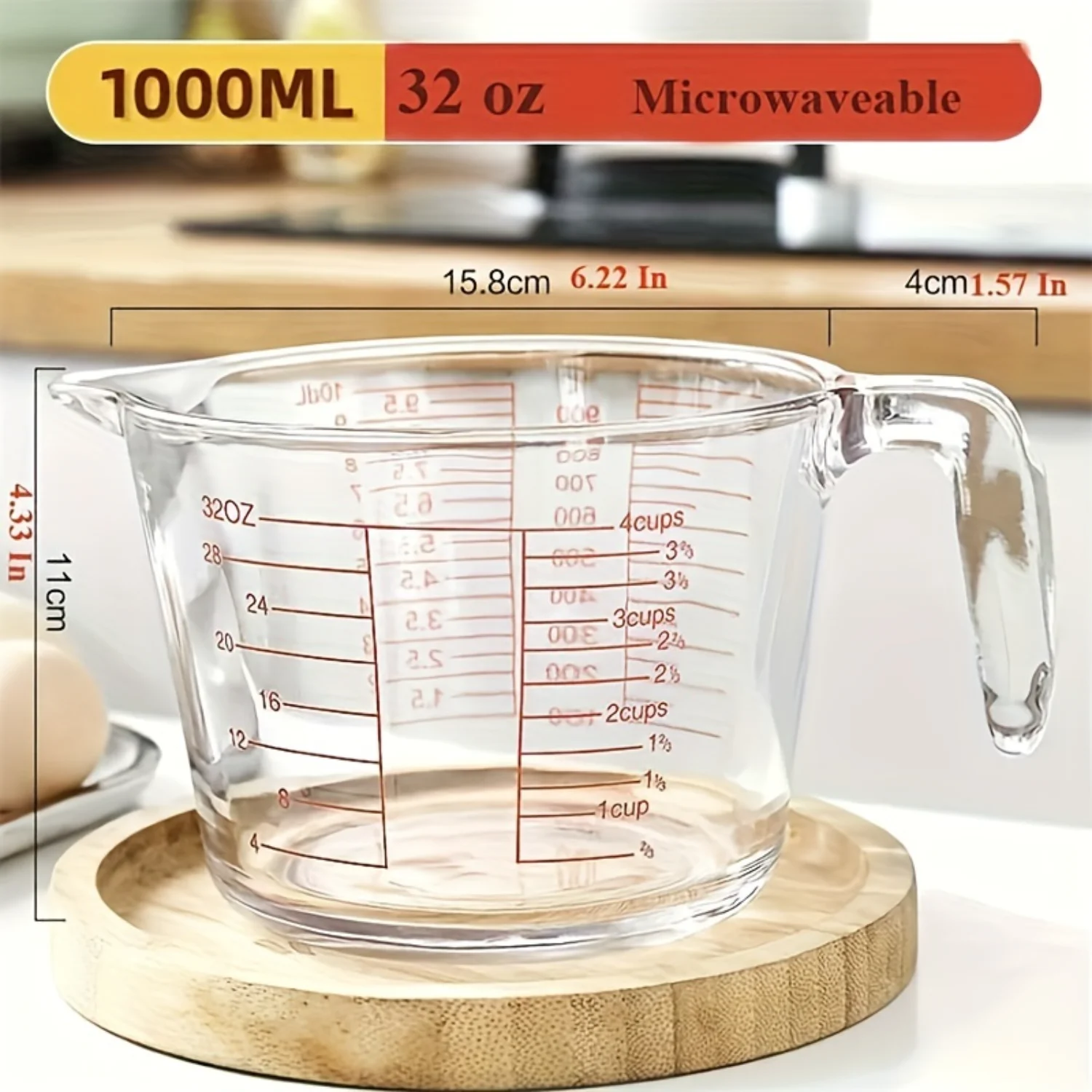 16oz/32oz Large Glass Measuring Cup with Scale & Handle - Microwave Safe, High Temp Resistant, Easy Read Markings - Ideal for Ba