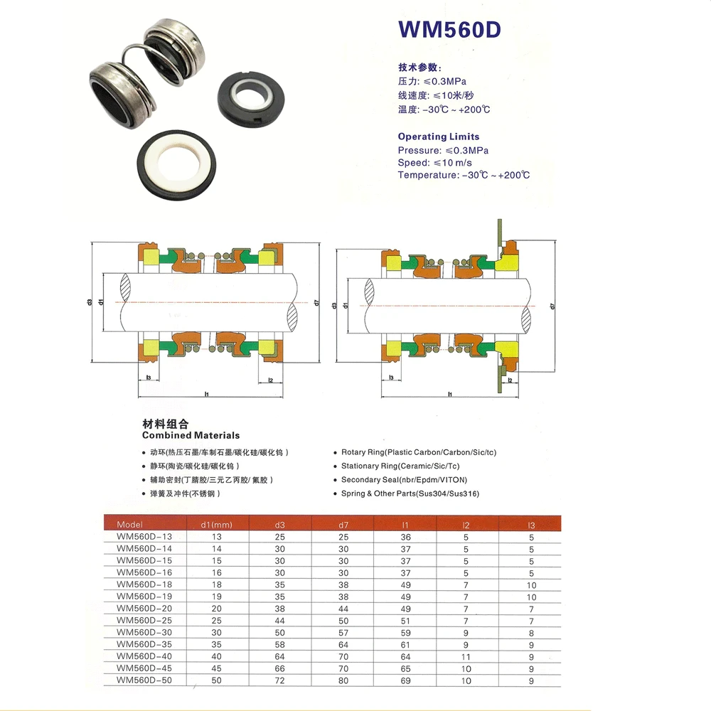 SiC-CE-NBR 560D-14/15/16/18/20/25/30/35/40/45/50mm Mechanical Shaft Seal Single Spring For Water Pump