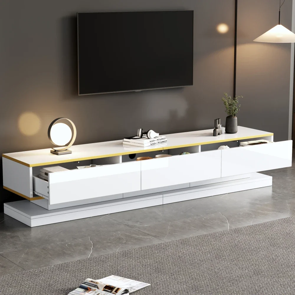 Moderner TV-Ständer mit 3 Schubladen, warmweißes Lowboard, goldener Rand, Wohnzimmer-Aufbewahrungsschrank – Detail 1