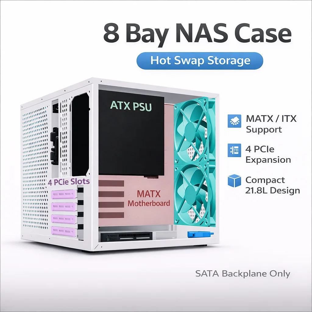 Sagittarius 8 Bay NAS Case Hot Swap SATA Backplane MATX Mini ITX Server Chassis ATX PSU 4 PCIe Home Server Storage Case