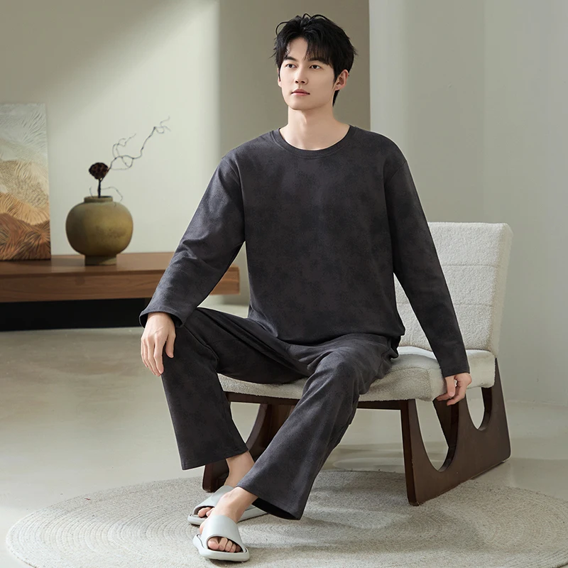 Plus Size L-5XL  Men Pajamas Set Knited Cotton Sleepwear Male Autumn Long Sleeve Pyjamas