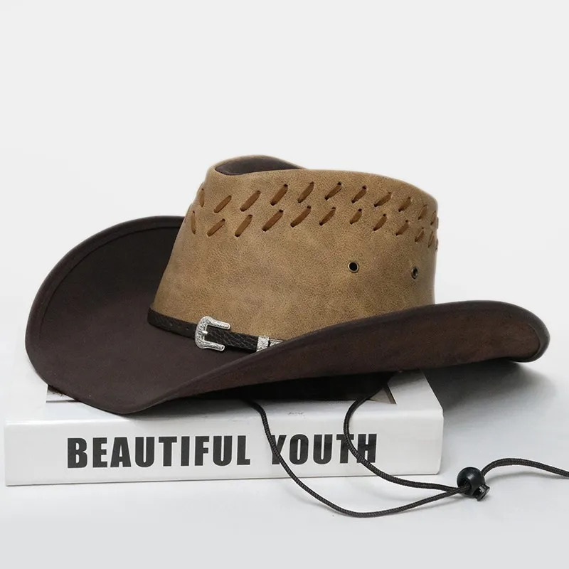 

Men's and women's simple coffee belt made old leather large brimmed cowboy hat sunblock, sunshade waterproof warm top