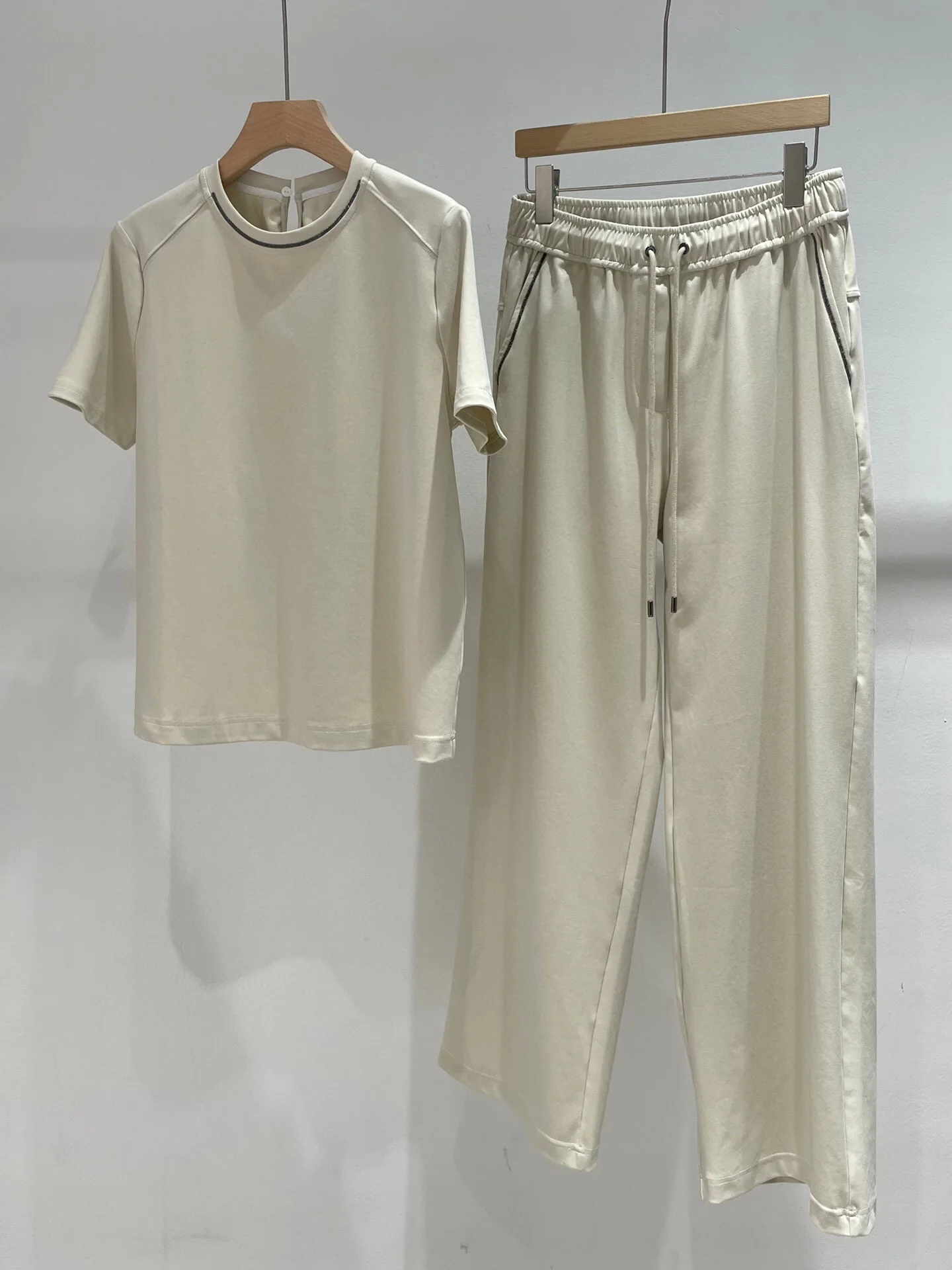 Set for Women 2024 New Spring Summer Bead Chain O-neck Casual Short Sleeve T-shirt or High Elastic Waist Long Pants