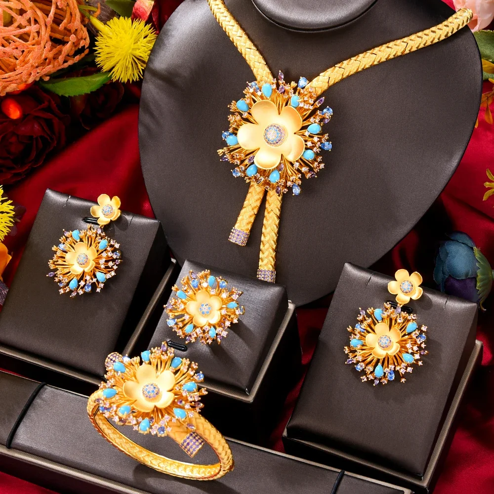 

Kellybola Luxury Gorgeous Dubai Necklace Bangle Earrings Ring Jewelry Sets 4pcs Trendy Shiny Gift For Women Wedding High Quality