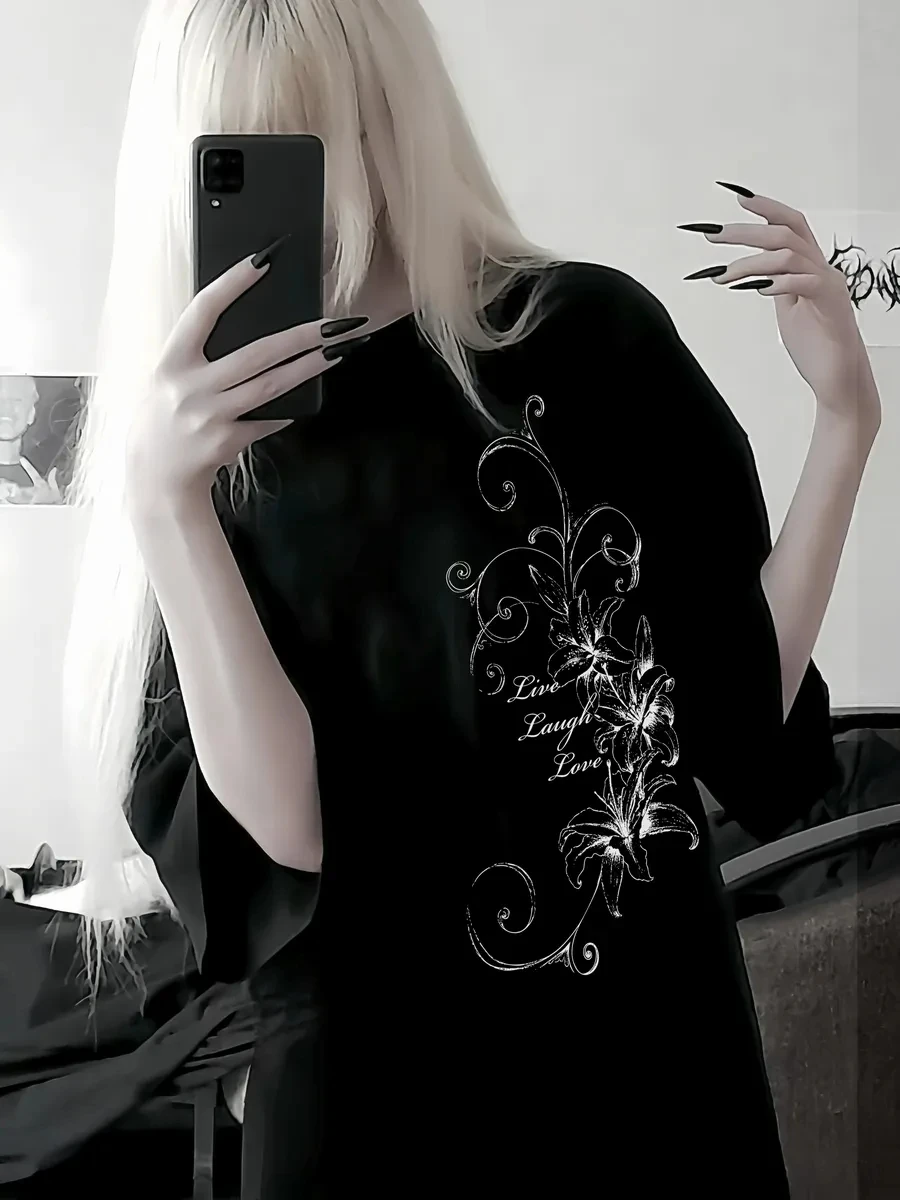 Y2K Goth Oversized Black T-Shirt Women Floral Live Laugh Love Graphic Tee Harajuku Summer Loose Vintage Streetwear Top