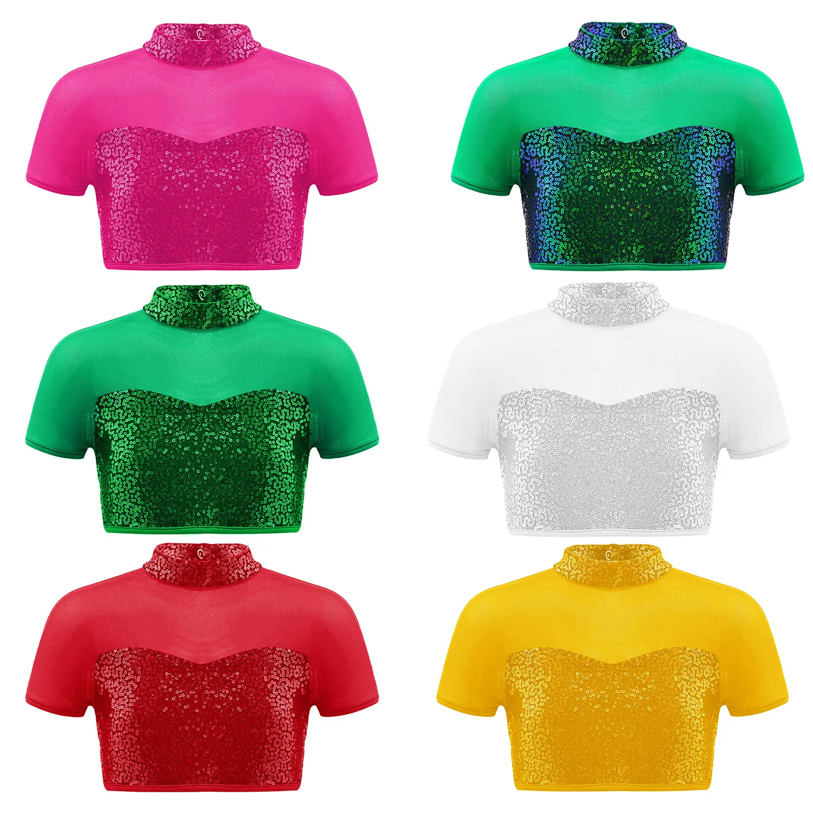

Kids Girls Jazz Dance Costume Hip Hop Dancing Top Sequins Adorned Short Sleeve Mesh Cutout Back Crop Top Performance Dancewear