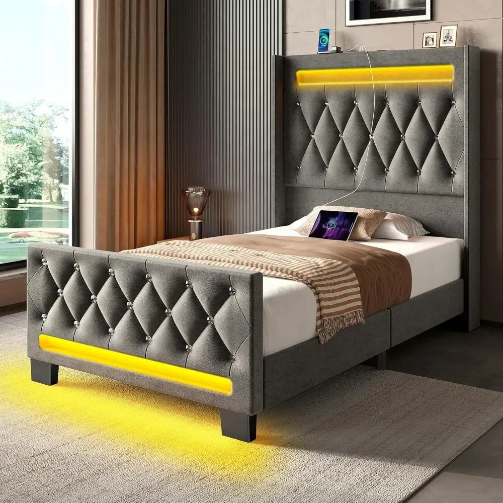 

Double bed frame with LED lights, charging station, padded high headboard, footboard, wooden slats, noiseless, easy to assemble