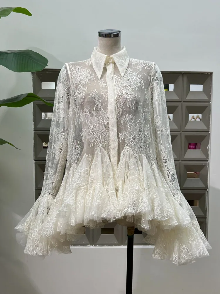 DFDG Women’s Designer Sheer Lace Blouse With Sequin Floral Cut Out Lapel Long Bell Sleeve Spring And Summer Elegant Shirt