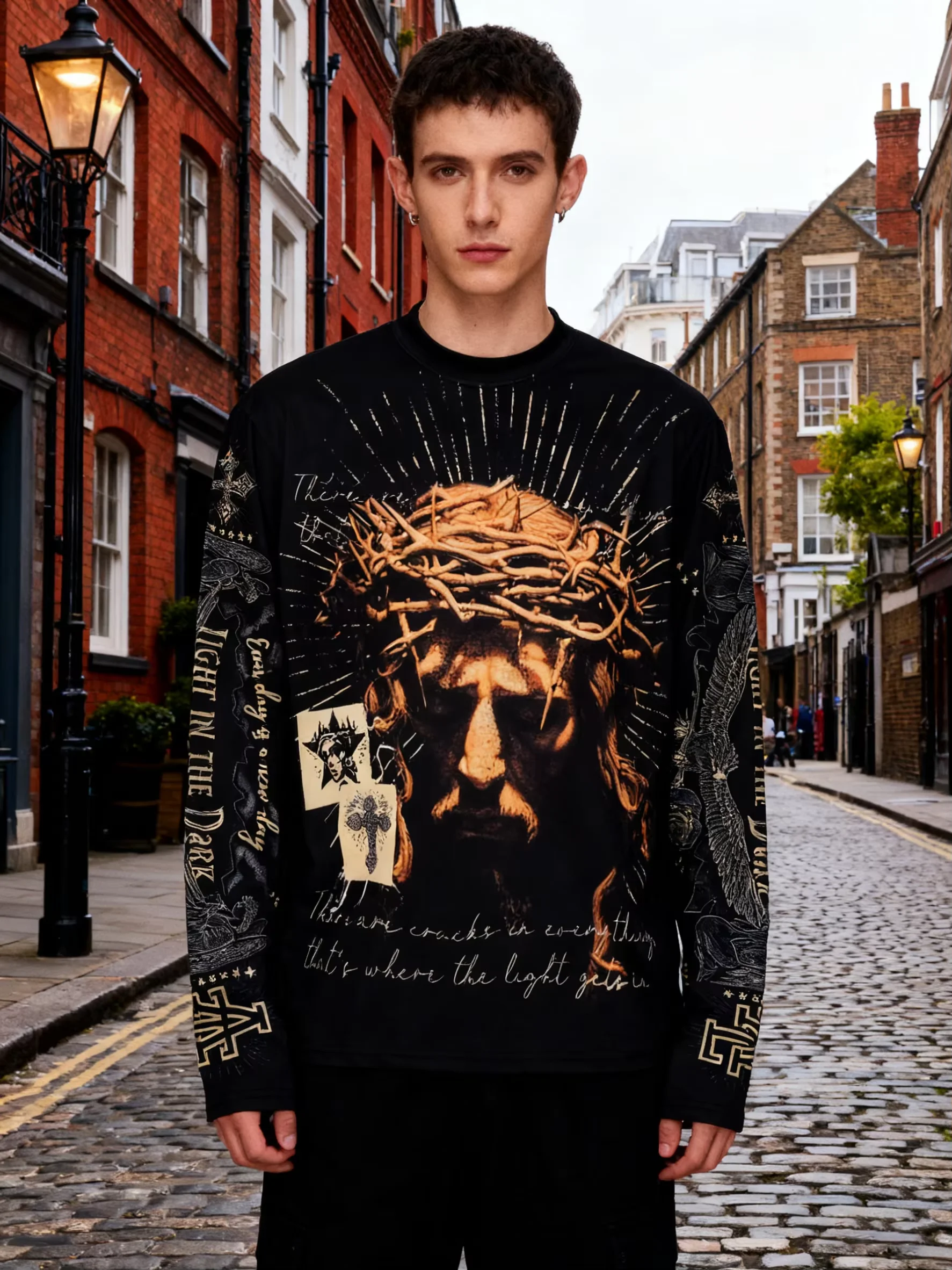 Herren Herbst und Winter Thorn Crown Charakter Avatar dunkles Muster lässiges Langarm-T-Shirt mit Rundhalsausschnitt, geeignet für Casua