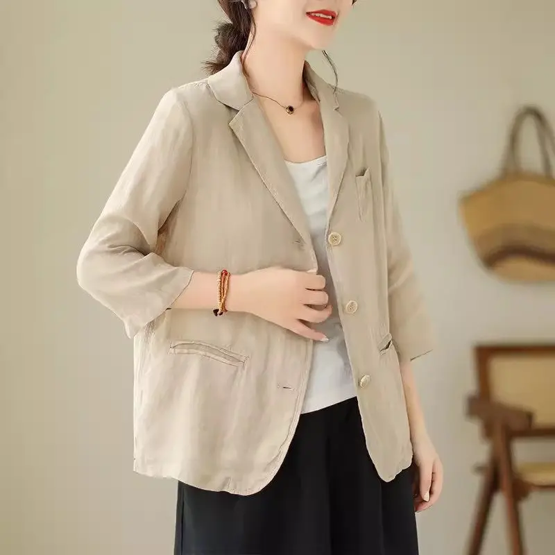 2024 Spring/Summer Jacket Blazer Retro Style 3/4 Sleeved Casual Coat Loose Art Cotton Linen Clothes Women\'s Tops K793