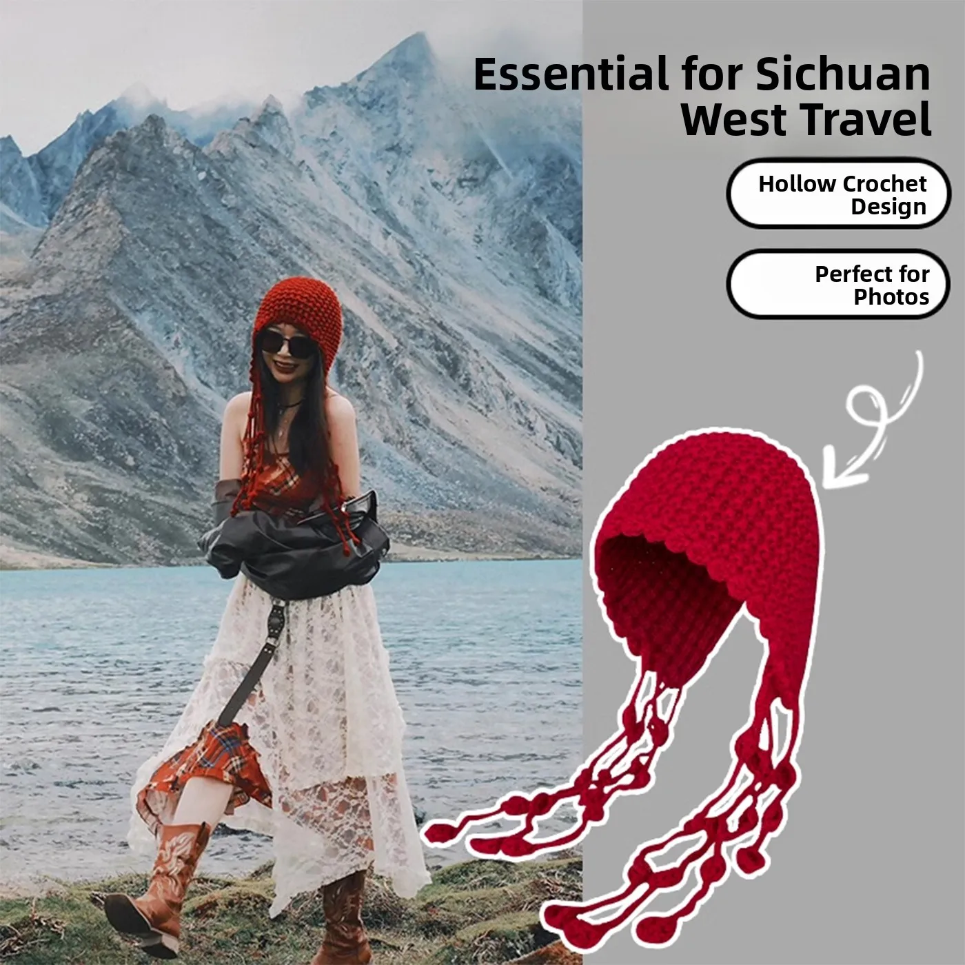 Casual Knitted Woolen Hat for Women Hollow out Tassel Tie Travel Versatile Overhead Loop Spring Autumn Winter Unisex Cap