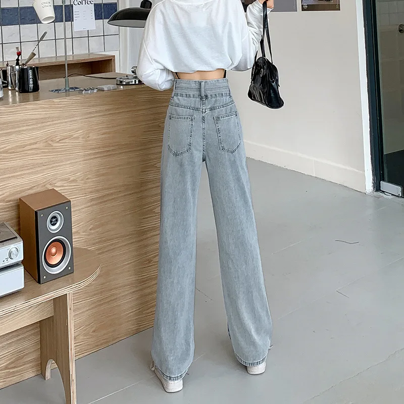 สูงเอวตรงกางเกงยีนส์ผู้หญิงล้าง Jean DENIM กางเกงยาวหลวมกระเป๋า Casual Distressed Zipper Fly ฤดูใบไม้ผลิแบน