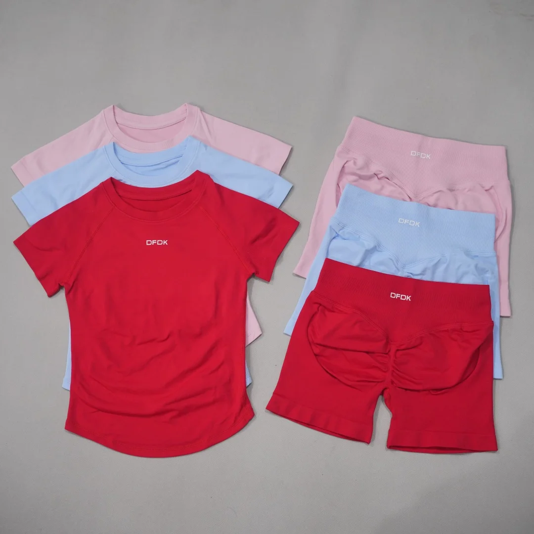DFDK Women Seamless 2Pcs Yoga Set Short Sleeve Top High Waist Shorts High Elastic Quick Dry Outfit for Gym Running Fitness Train