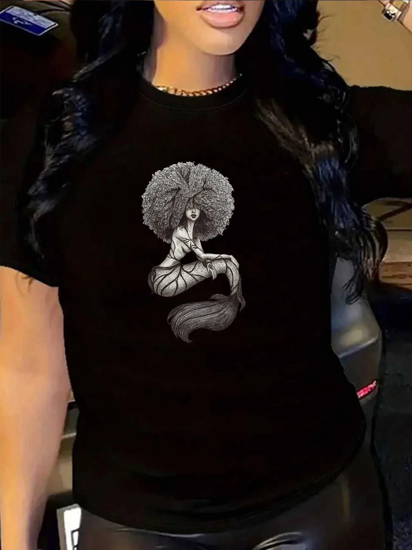 

【1021873】Женская футболка с круглым вырезом и мультяшным узором, модный топ с короткими рукавами и принтом, эластичная футболка