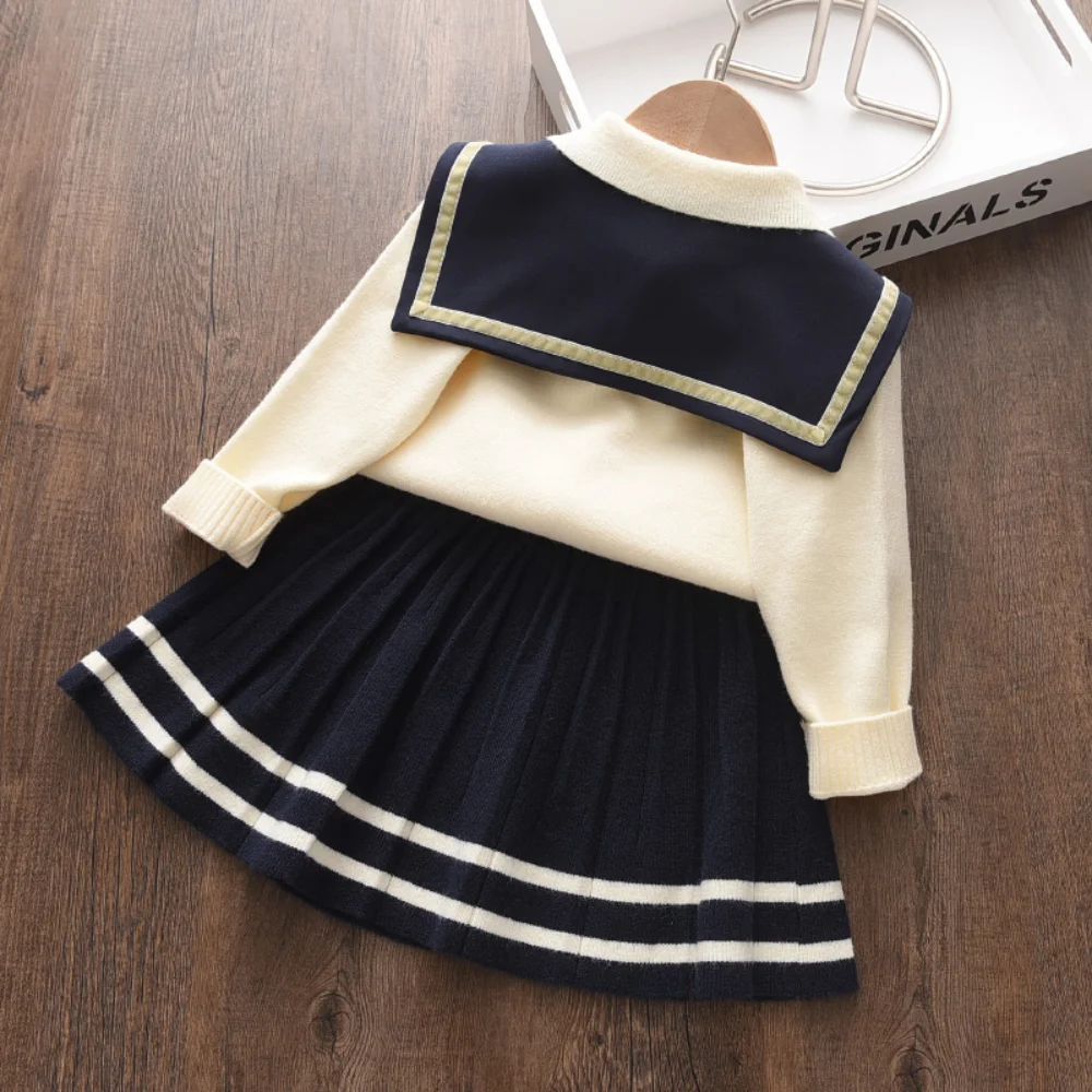 Collar Bow Knit Cardigan Set for Winter Long Sleeved Collar Bow Sweater+pleated Skirt Sets Student Clothing Girls Clothes