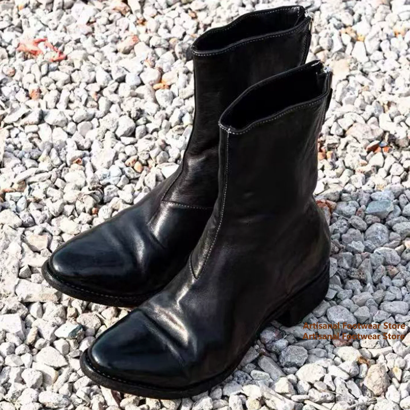 รองเท้าบูทหนังย้อนยุคทรงย่นระด - Block Heel Ankle Boots บทวิจารณ์และราคา