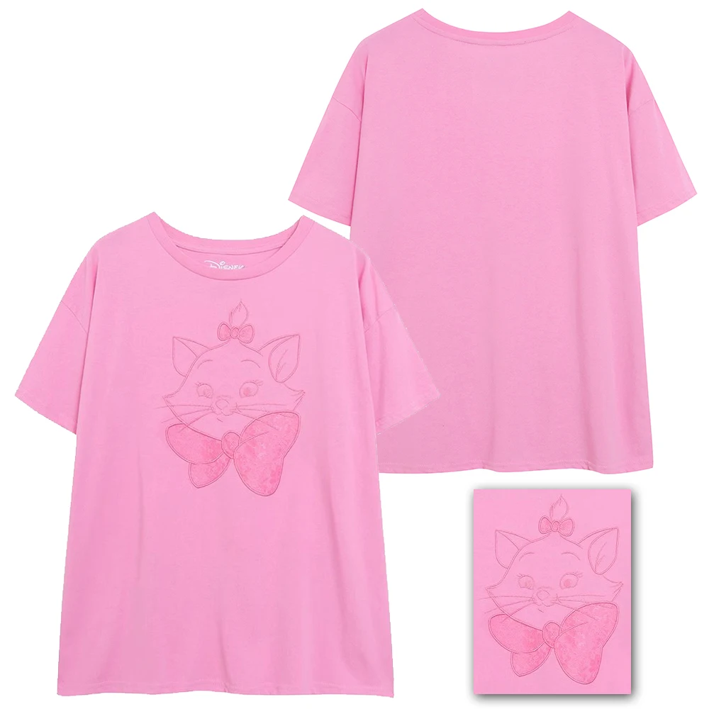 

Футболка с вышивкой и мультяшным принтом Disney Marie Cat Bow, милый женский пуловер с короткими рукавами и круглым вырезом, милые футболки, розовая уличная одежда