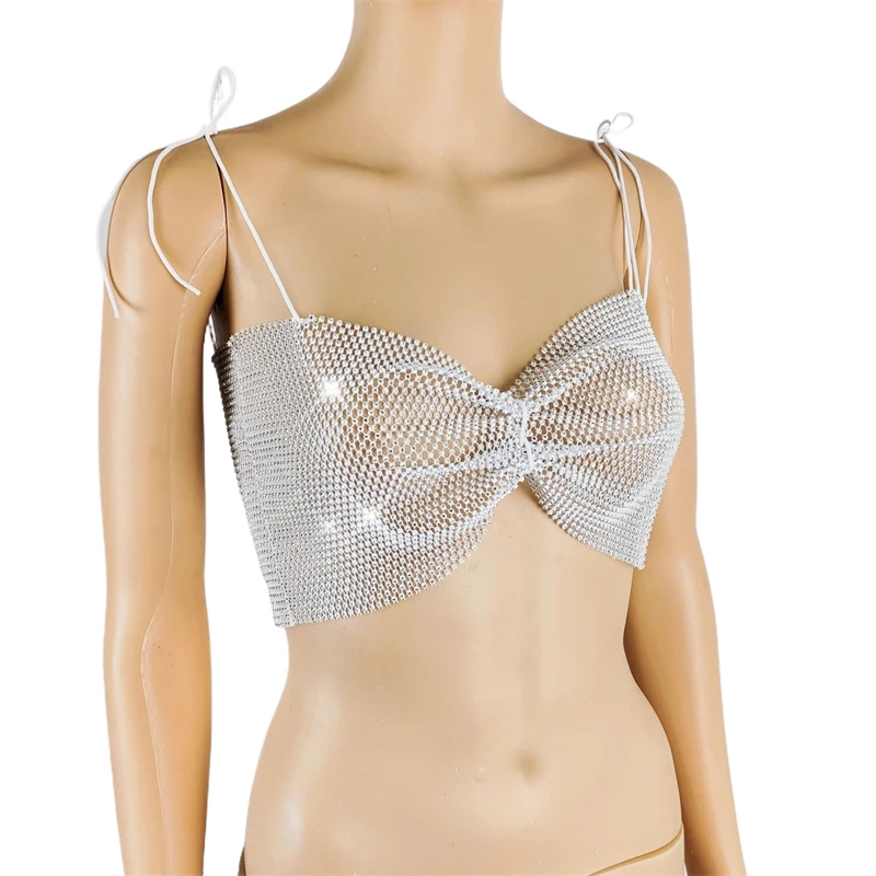 Shiny Crystal Fishnet Rhinestone Cami Top Women Tie‑Up Spaghetti Strap Ruched Hollow Crop Top Night Club Rave Going‑Out Tops – Detail 9