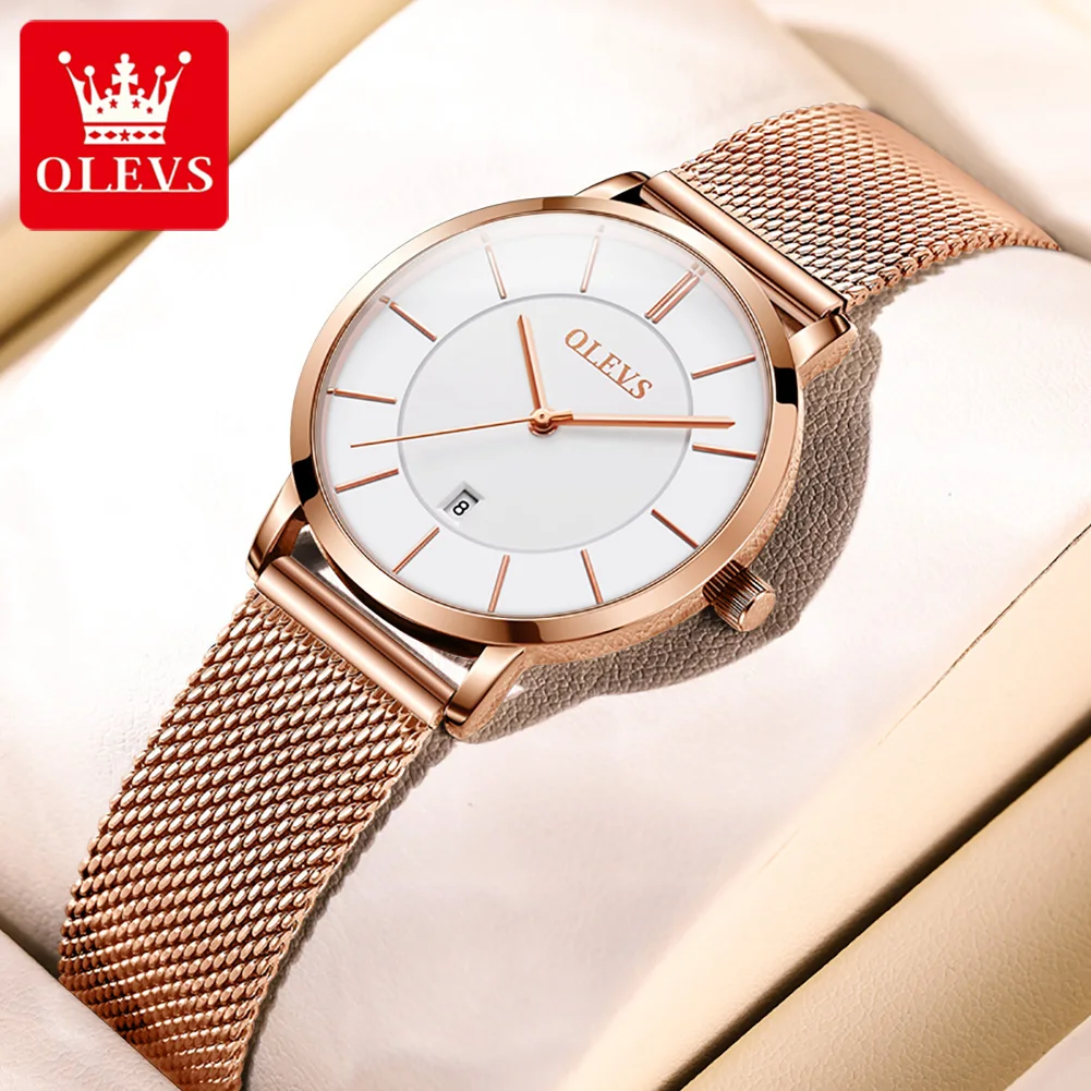 OLEVS Ultra thin Dial 6.5mm Women\'s Watches Japanese Movement Wristwatch Stainless Steel Mesh Strap Ladies Watch Luxury Brand