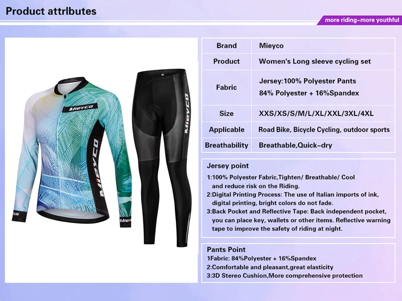 Damen-Langarm-Radtrikot-Hosen-Set MTB-Fahrrad-Outfit Schnelltrocknend Atmungsaktiv Straßenfahrrad-Sportbekleidung – Detail 3