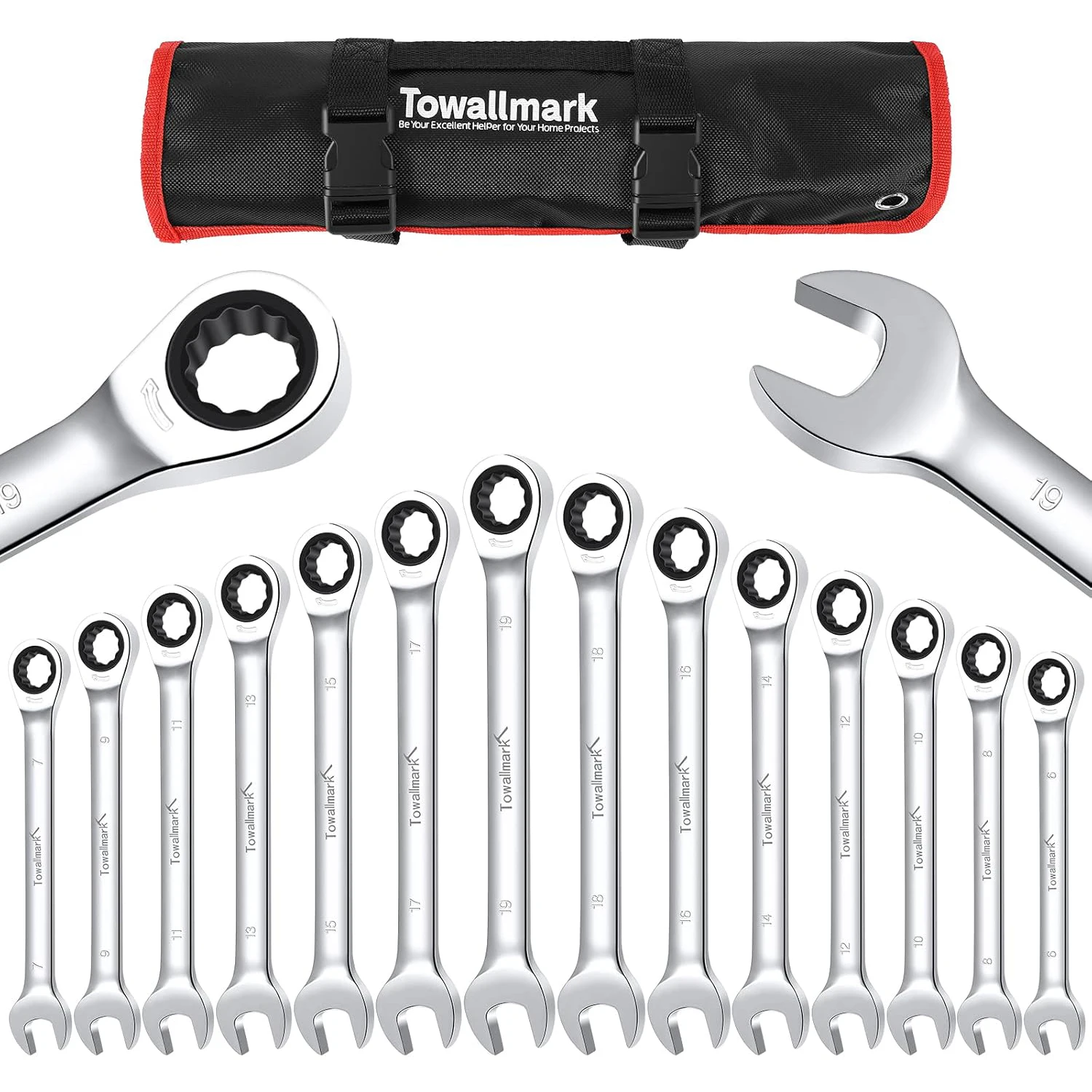 14-Piece Wrench Set, Ratcheting Wrench Set, Metric 6-19mm, Chrome Vanadium Steel Fixed Head Ratcheting Combination Wrenchs