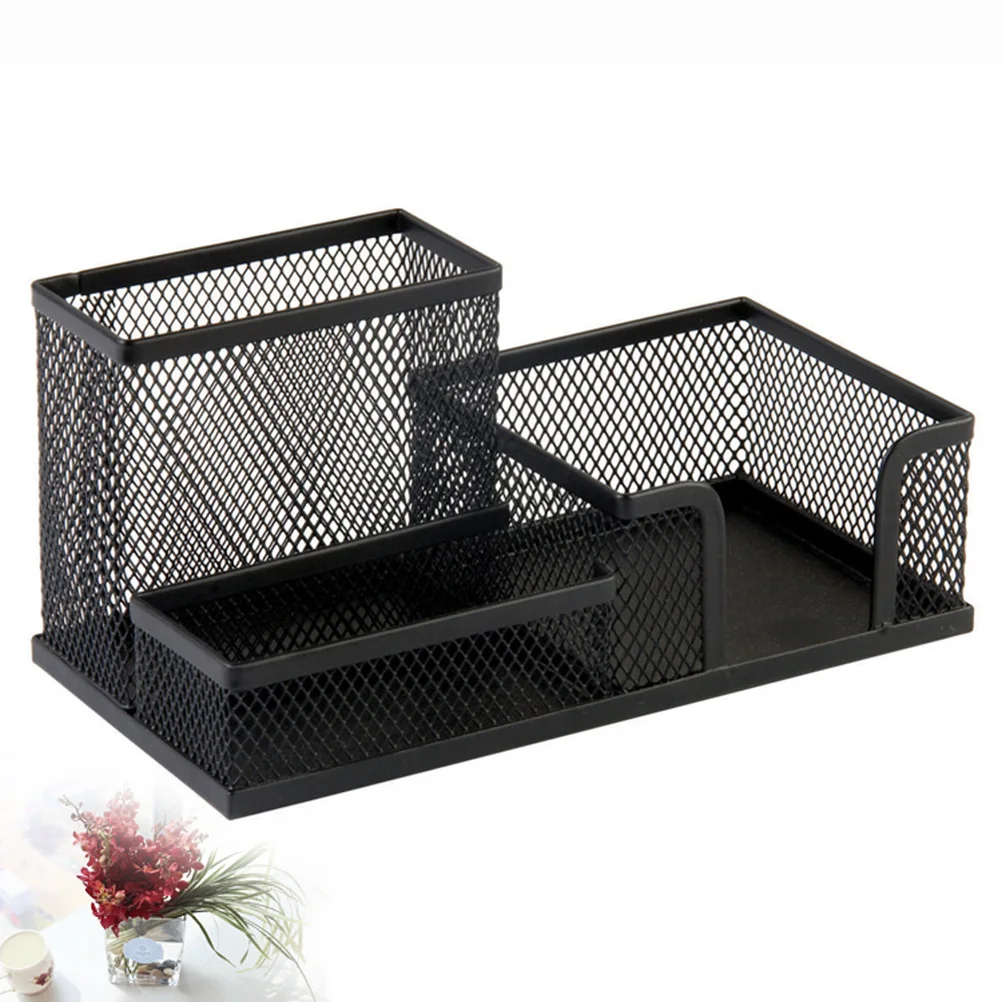 

3-In-1 Metal Mesh Pen Holder Multifunctional Desk Storage Box Pencil Cosmetics Container Light Office Organizer Black