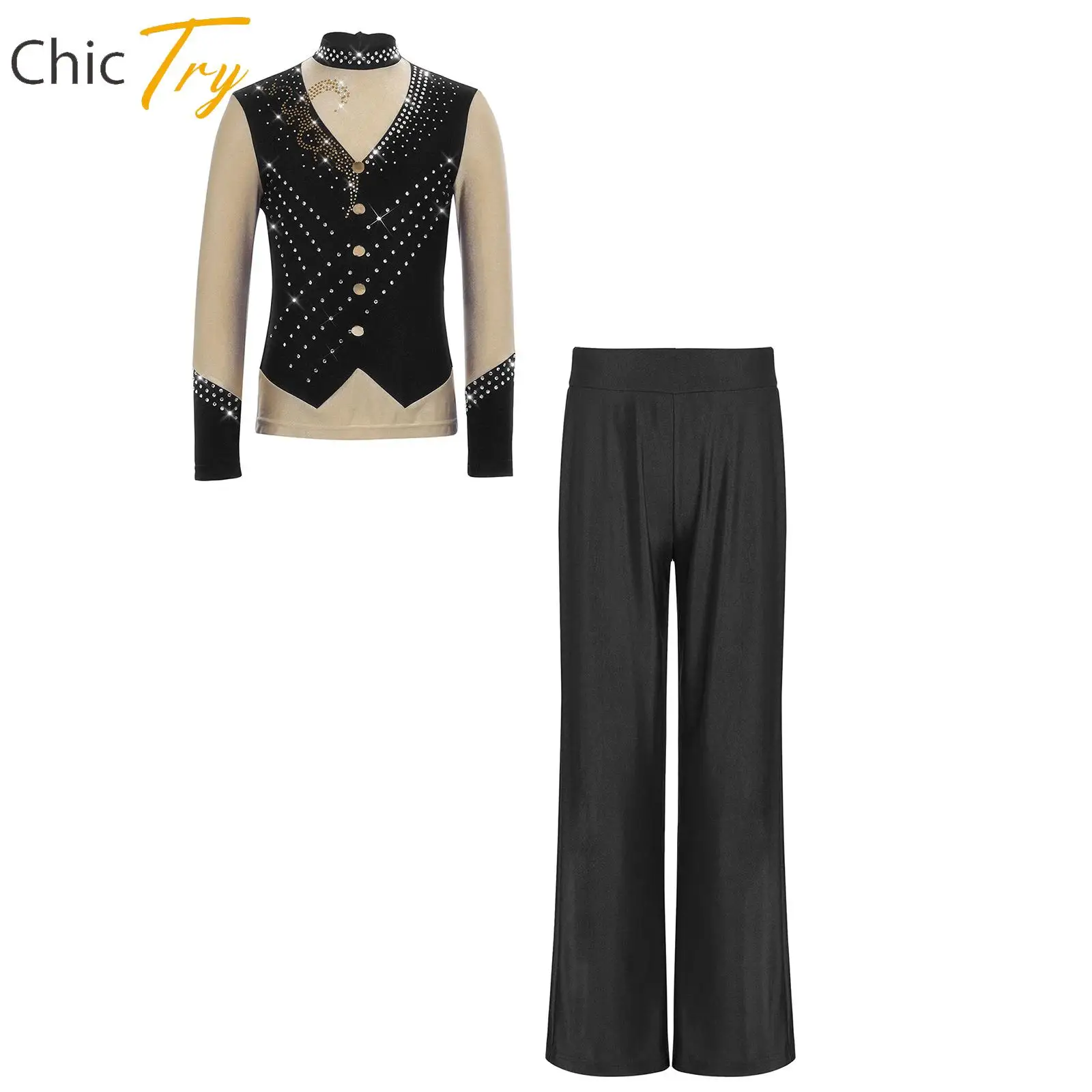

Kids Girl Ice Figure Skating Competition Outfit Rhinestones Long Sleeve Tops+Pants Set Teen Roller Skating Performance Outfit
