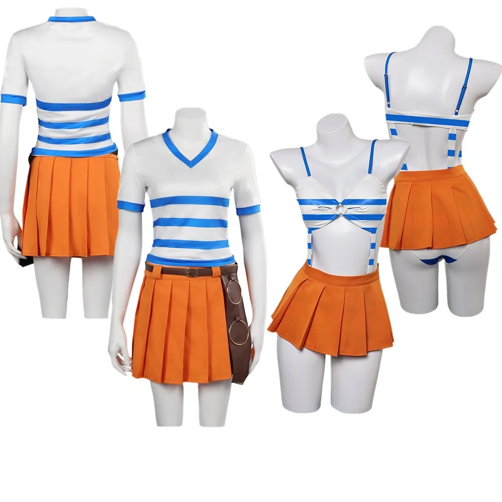 Anime Nami Cosplay Costume pour femme, maillot de bain femme, robe de marin, vêtements pour femmes, ceinture, tenues en plis trempés, Halloween, fête de carnaval pour adulte