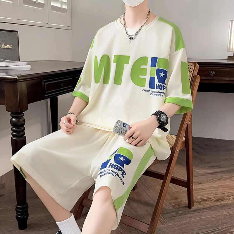 

Мужской повседневный спортивный костюм больших размеров, летний, удобный, свободного кроя, для студентов, цельный комплект