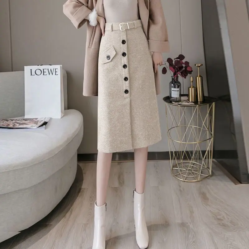 

New Autumn Winter Woolen Skirt Women Korean Fashion Elegant High Waist Solid Color Front Split Wrapped Hip Skirts with Belt