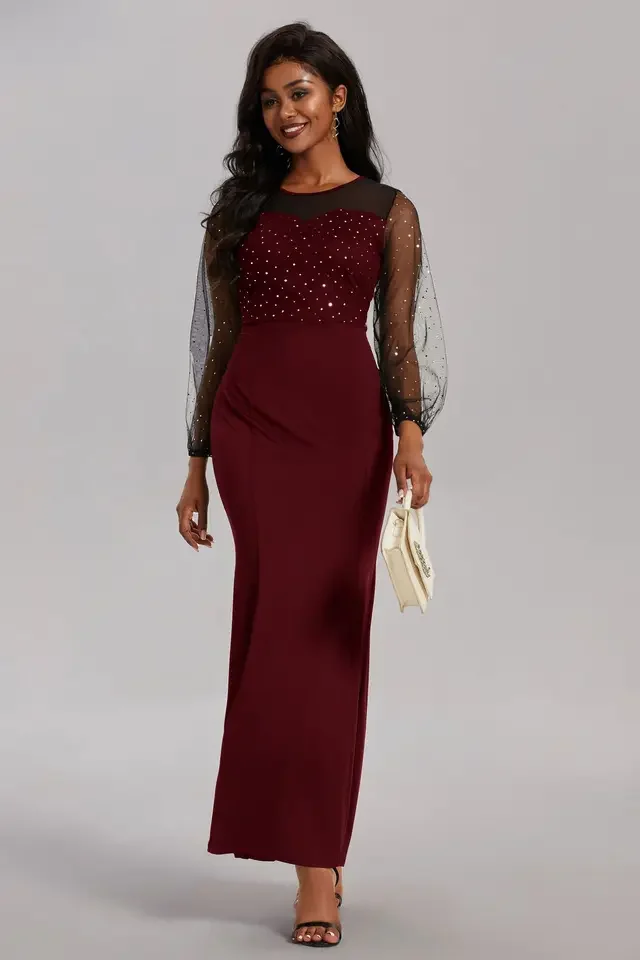 

Mesh Patchwork Dress Womens Fashion Round Neck Long Sleeve Slim Elegant Dress Women