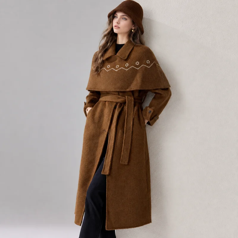 Women's Long Wool Blend Coat with Detachable Cape Embroidered Lapel Belted Maxi Trench Overcoat for Fall Winter