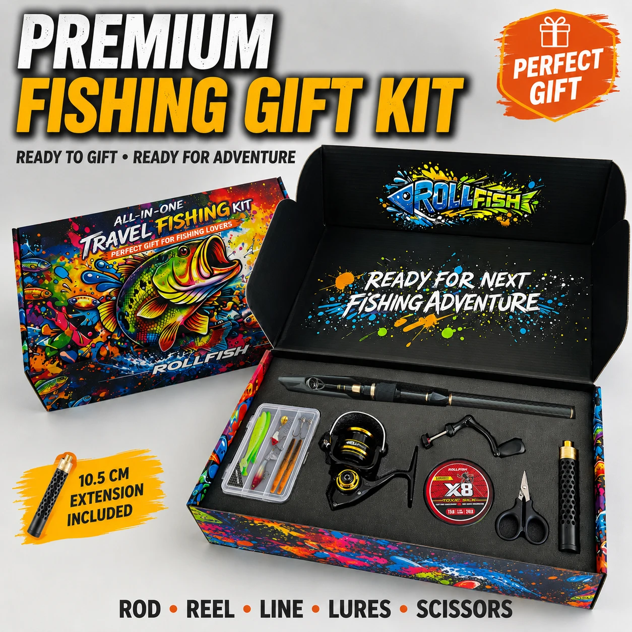 ROLLFISH Teleskop-Bass-Angelrute mit Rolle, Geschenkbox-Set, Schnur, Köder, Schere, M-Power, Reise-Angelrute, Geschenke für Männer, Väter, Ehemänner – Detail 1