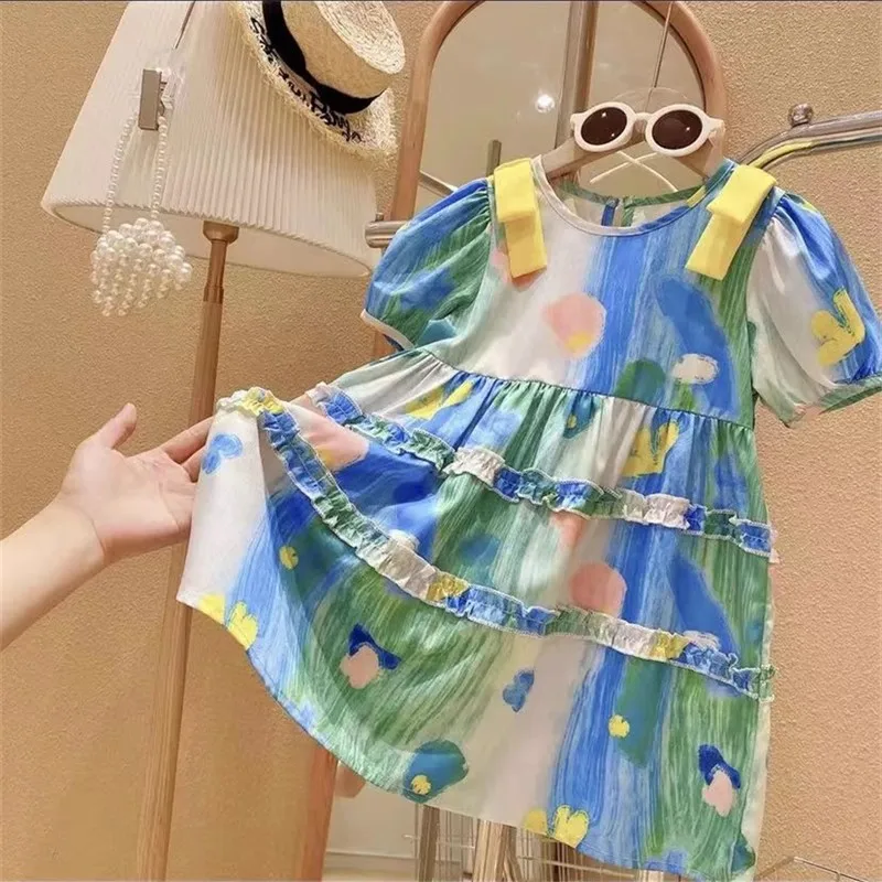 

Girl's dress in abstract oil painting style, fresh and delicate princess dress25New summer children's clothing wholesale