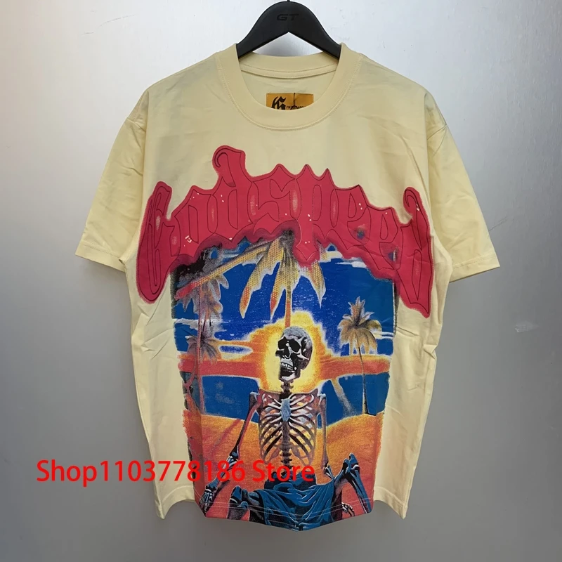 Skull Seaside Holiday Scenery Graffiti GOD SPEED T-shirt Round Neck Short Sleeve Summer Breathable Cotton Godspeed Tee Shirts