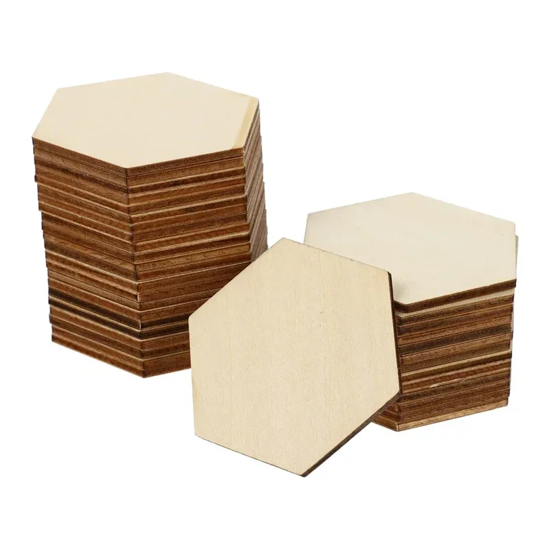 

100pcs 6cm Unfinished Hexagon Wood Pieces, Blank Wood Hexagon Shape Slices Wooden Tile Slabs Cutouts for DIY Crafts Art Supplies