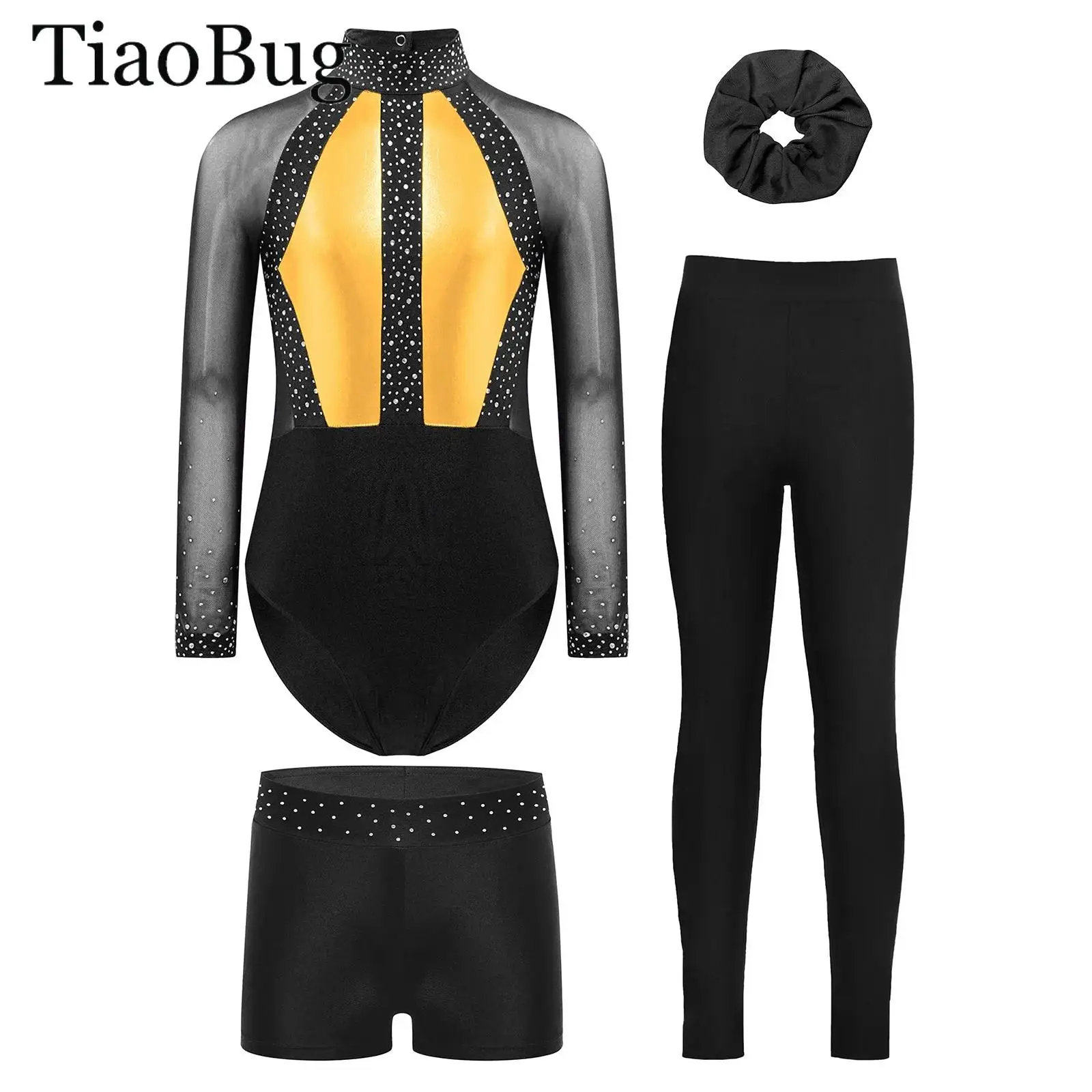 

Kids Girls Ballet Gymnastics Leotard Figure Skating Outfit Sheer Mesh Long Sleeve Rhinestones Bodysuit Leggings Shorts Headwear