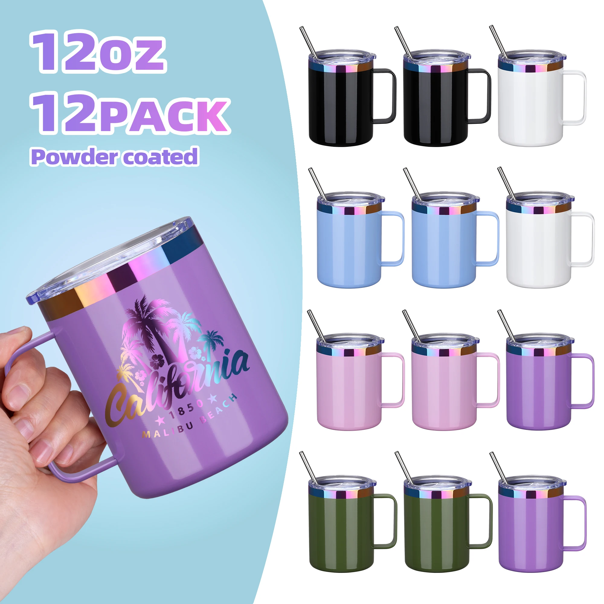 

12 Pack 12 OZ Powder Coating Lnsulated Coffee Mug, Multiple Color Options,Suitable for Laser Engraving, Birthday Diy Gift