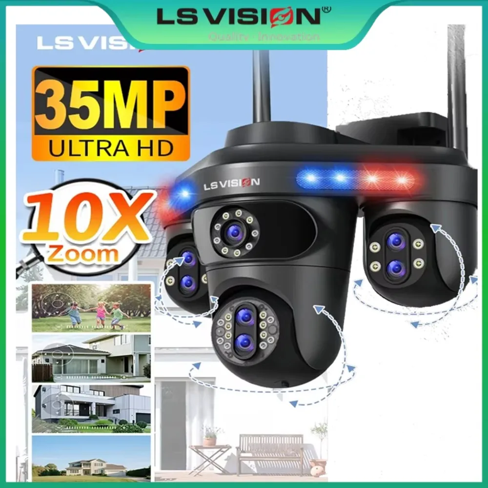 LS VISION 4 Screens WiFi IP Camera Outdoor 35MP 10X Zoom Security Video Monitor Night Vision Waterproof CCTV Cameras PTZ 10K Cam