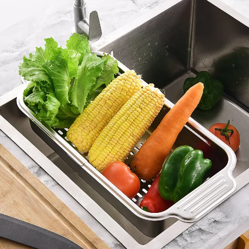 

Stainless Steel Kitchen Sink Drain Basket Retractable Drain Rack Vegetable Washing Basin Dishes Storage And Storage Rack