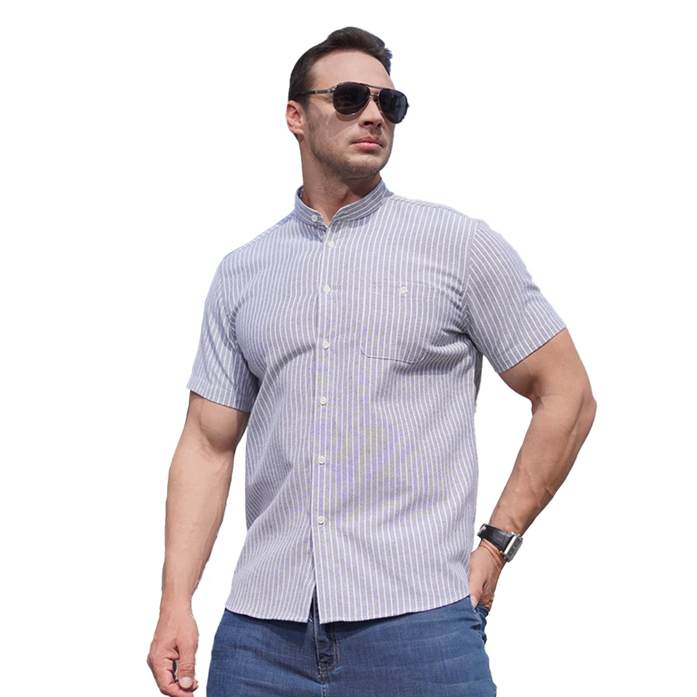 قميص بياقة قائمة بأكمام قصيرة مخططة ، الموضة ، بيع التخليص ، بيع بالجملة ، انخفاض الشحن