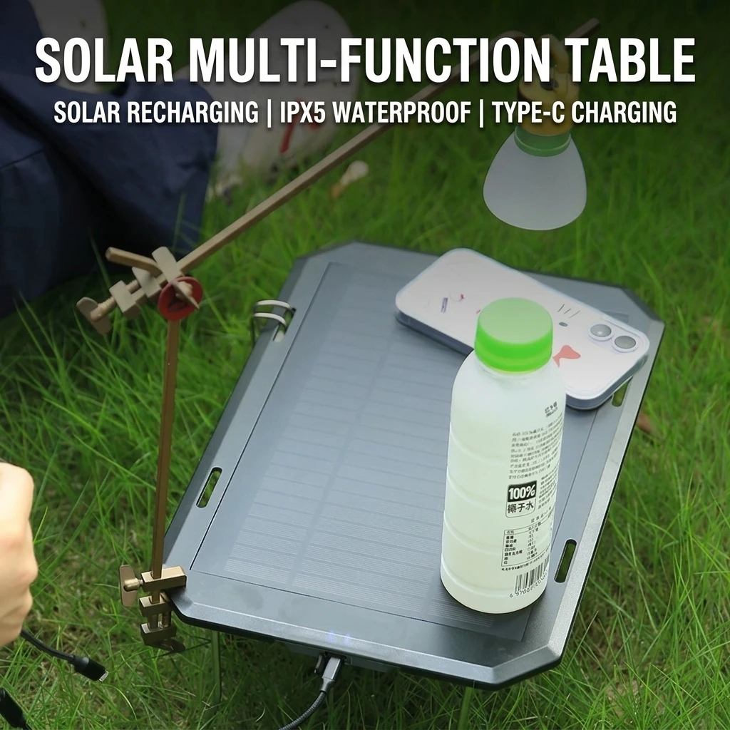 Solar Powered Folding Camping Table 6W Solar Panel IPX5 Waterproof Portable Outdoor Desk Type-C Charging for Hiking Picnic