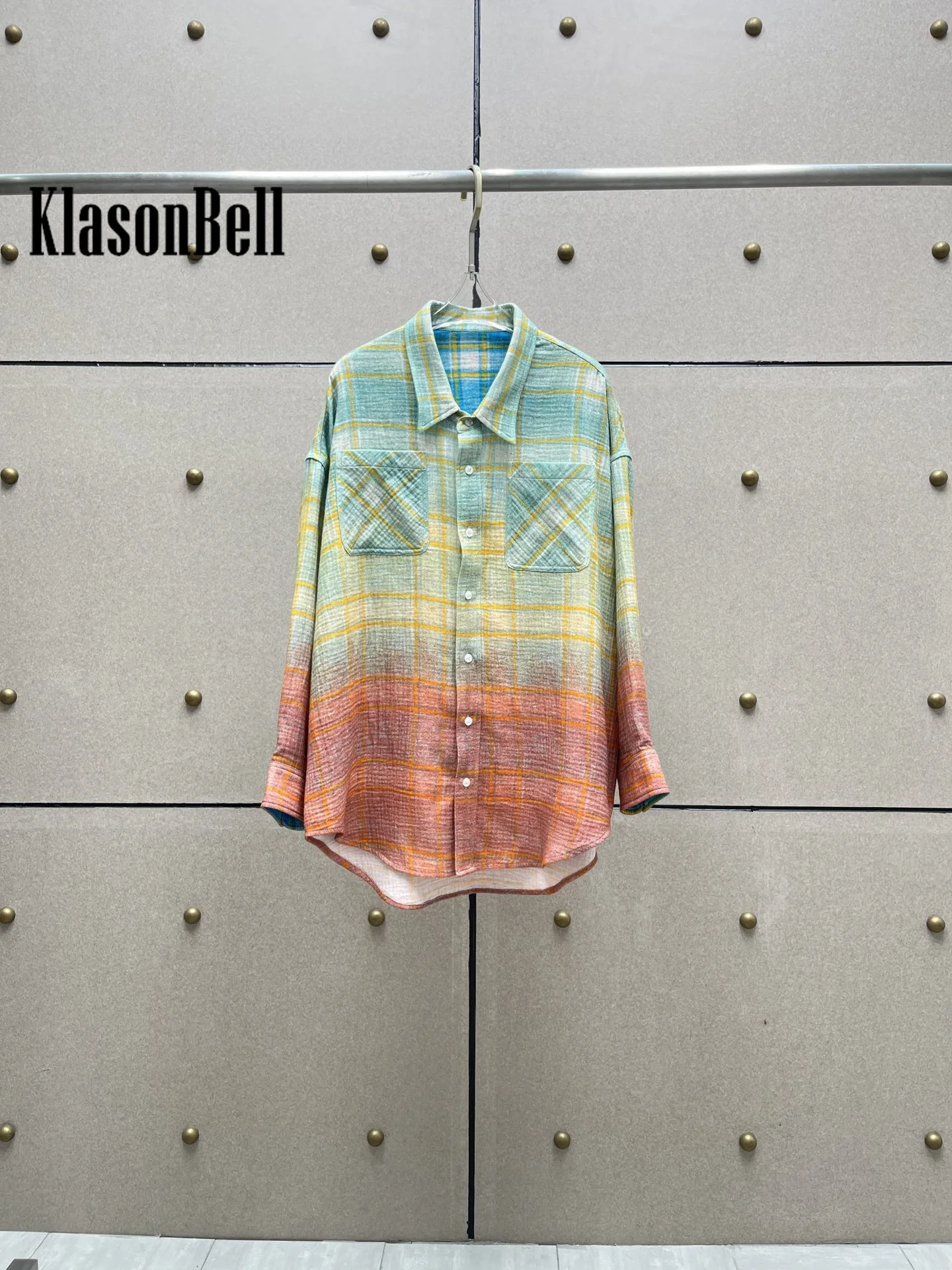 7.29 KlasonBell Women Streetwear Gradual Plaid Long Sleeve Shirt Lapel Collar Single Breasted Loose All-matched Cotton Blouse